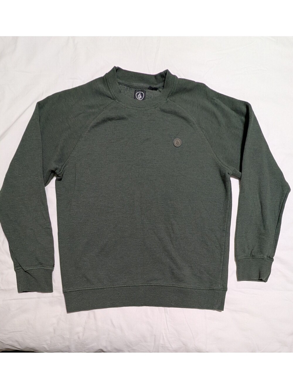 Volcom Men's Crewneck Sweatshirt Dark Olive Green Logo Patch Raglan Pullover M